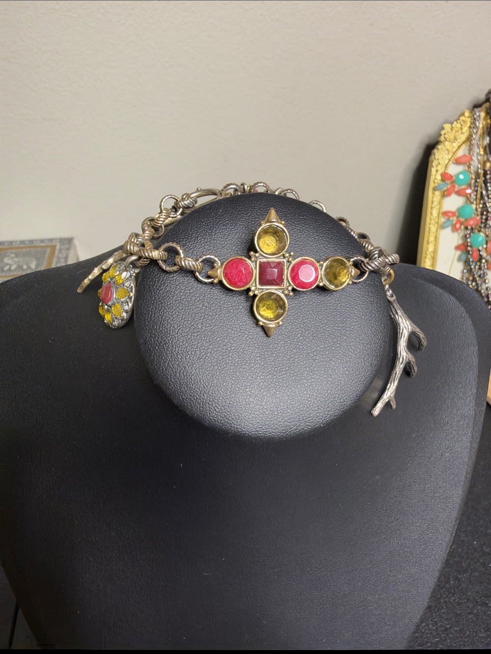 Lucky Brand Boho Two Tone Charm Bracelet Pink and Yellow Gem Accents